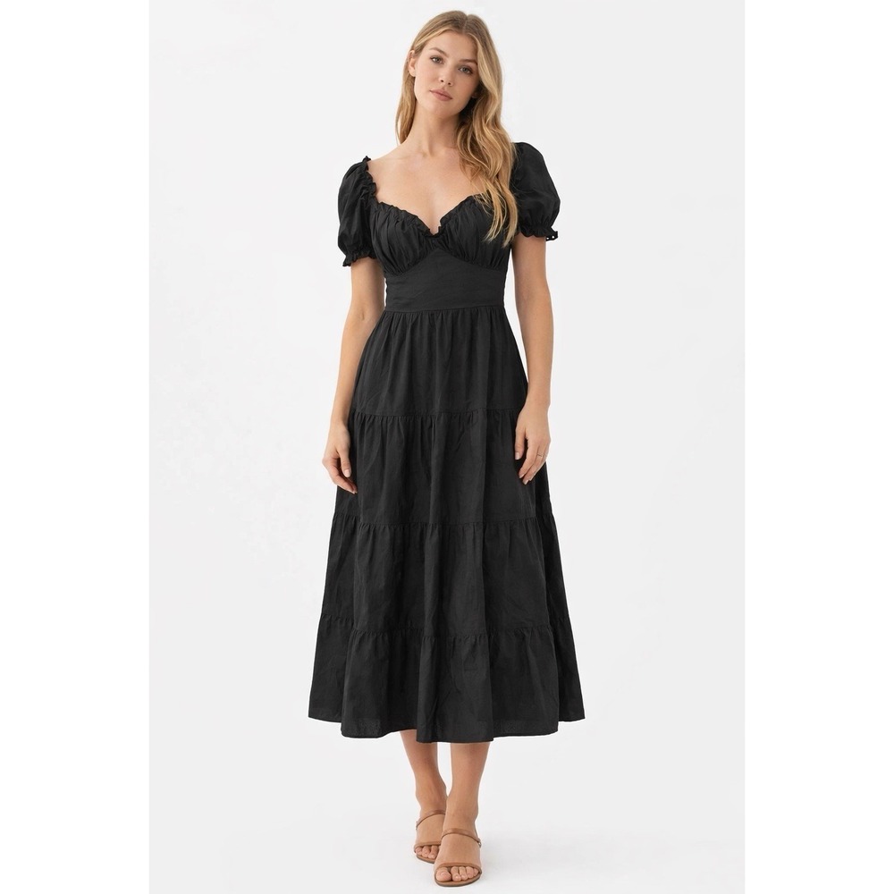 ASTR The Label Black Cottagecore Puff Sleeve Midi Dress Boho B32 W25 XS